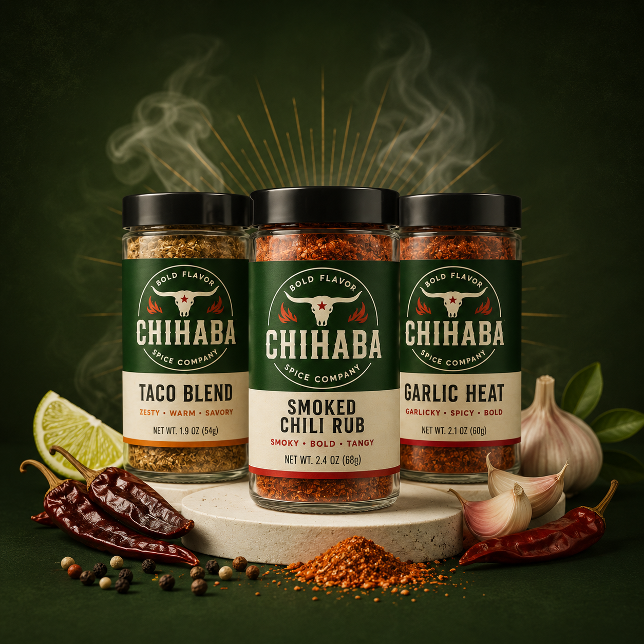 Chihaba spice jars with chiles, lime, garlic, and spices