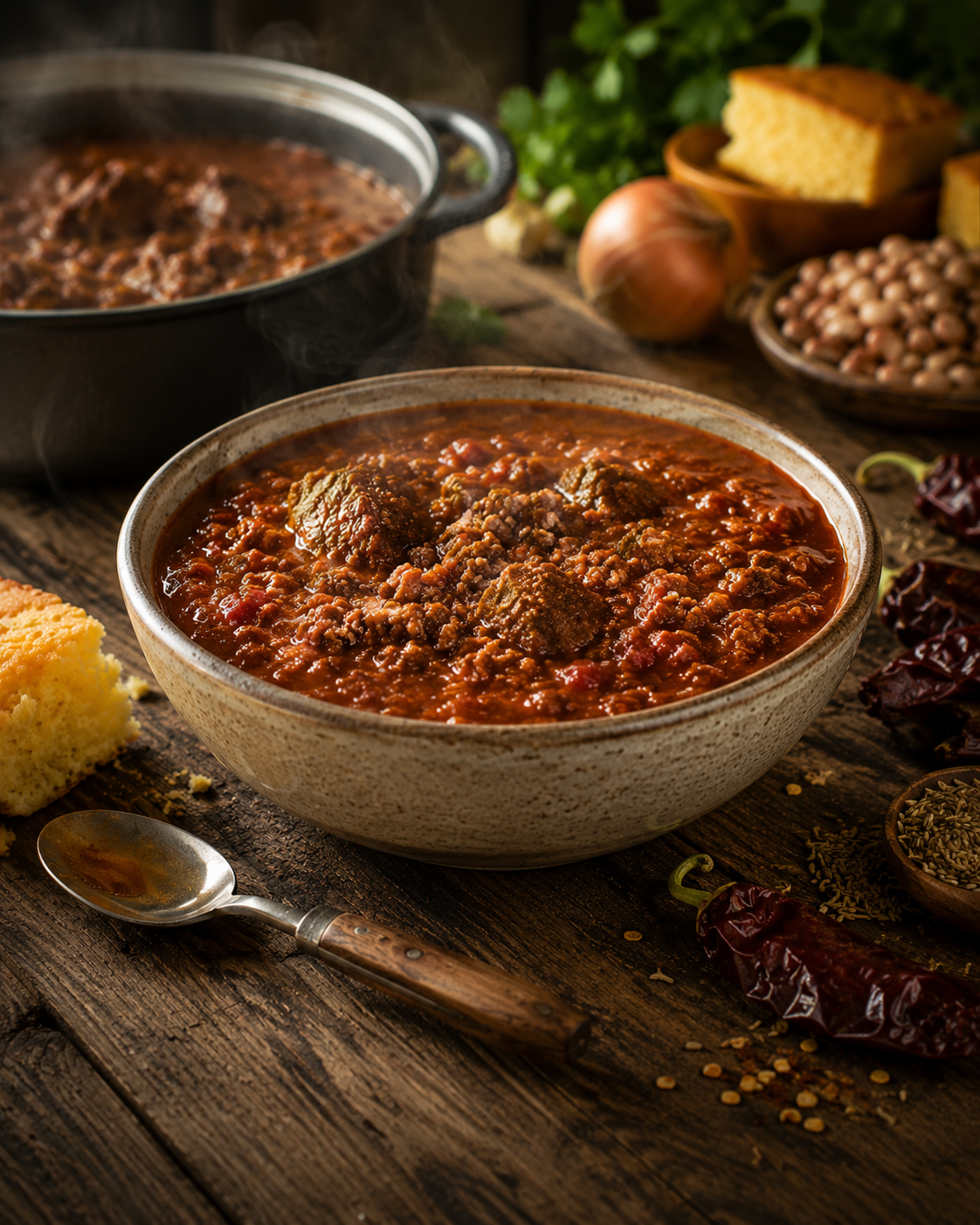 Traditional South Texas bowl of red chili with cornbread, beans, chiles, and spices
