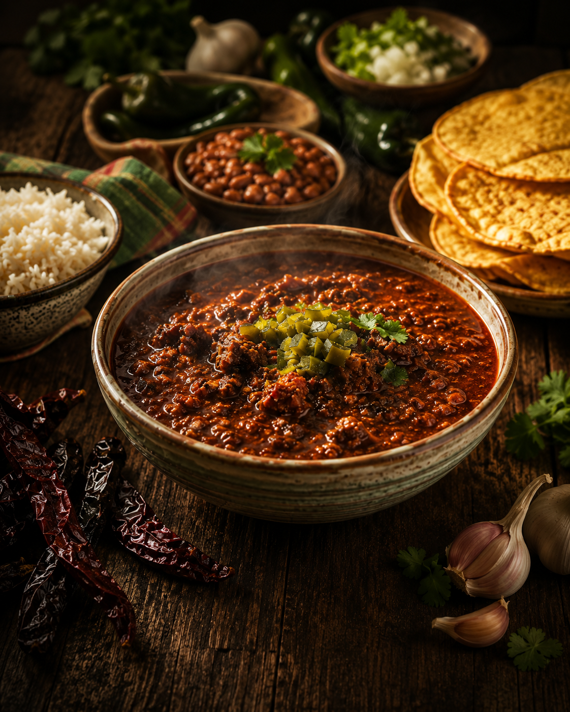 Smoky chipotle chili in a bowl with tostada shells, beans, rice, chiles, and onion