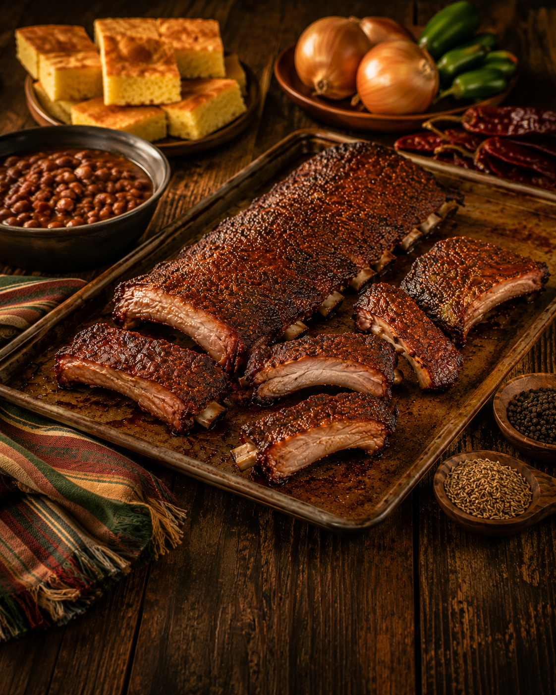 Slow-cooked pork ribs with a dark spice-rub bark on a sheet pan, with cornbread, beans, and chiles